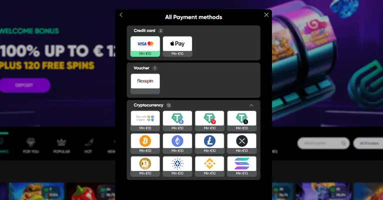 Screenshot deposito e metodi di pagamento Granawin Casino