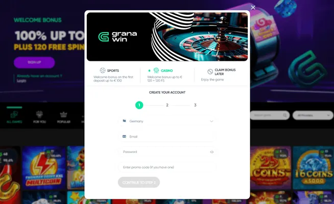 Screenshot pagina registrazione Granawin Casino